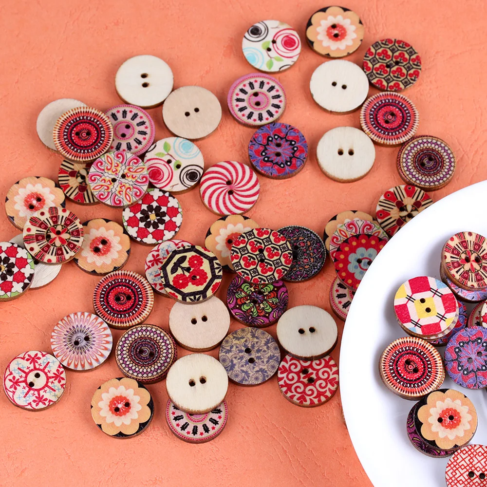 100 шт./пакет 25 мм Разноцветные классические деревянные пуговицы с цветочным