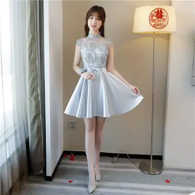 Women Wedding Bridesmaid Dress Sexy Flower Qipao Elegant Solid Lace Long Vestido De Festa Plus Size Girl Garden Cheongsam XS-3XL - Цвет: Silver Gray 3