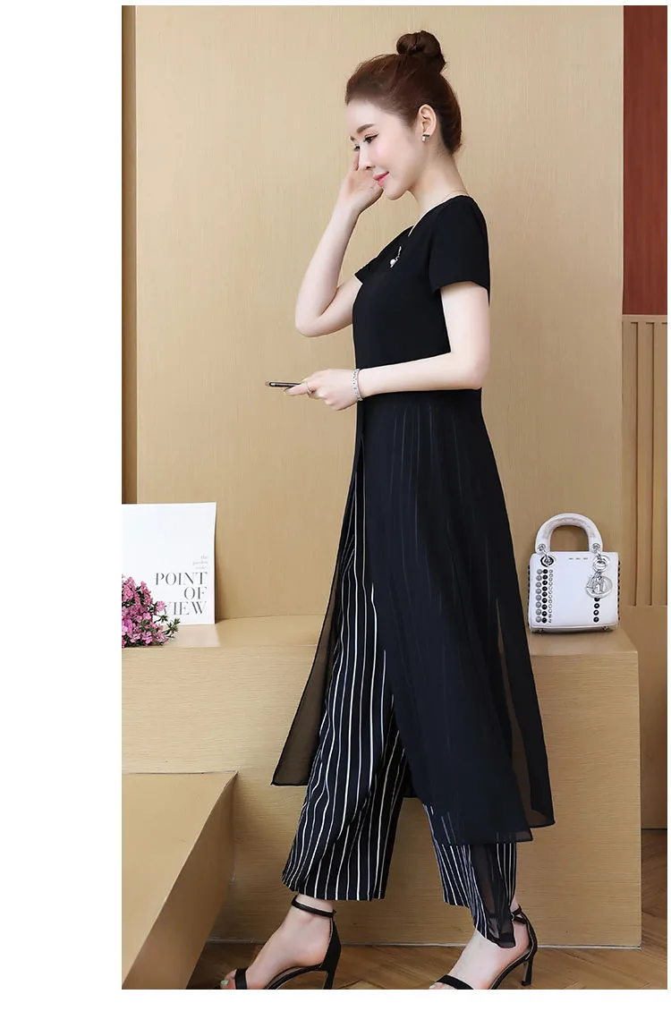 summer style two piece set top and pants plus size chiffon fork split long shirt + striped wide leg women special clothing | Женская