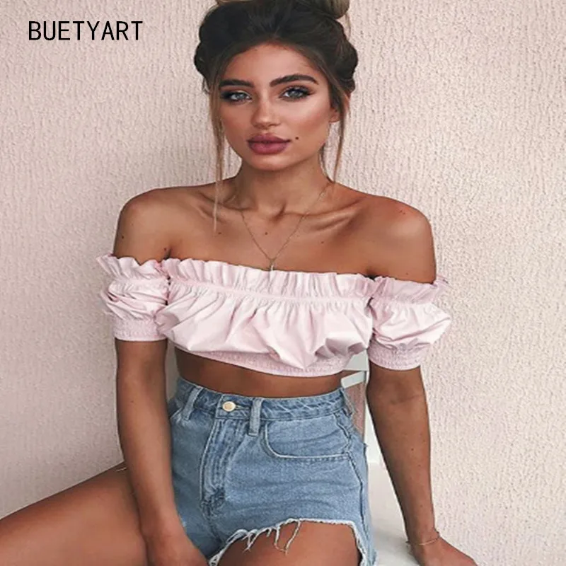 BUETYART майки уличная Топ Для женщин Мода Ruched Pleated Crop Top Sexy Бюстье футболки Feamle