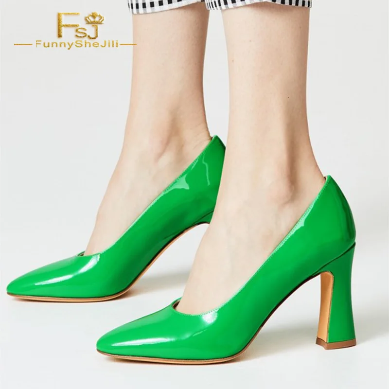 

FSJ 2022 Green Patent Leather Chunky Heel Women Pumps Fashion Pointed Toe Slip on Date Working Comfy Ladies Shoes Autumn