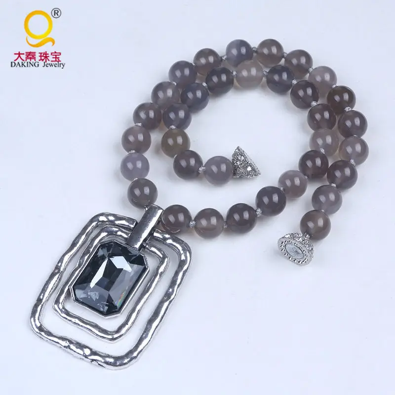Современный серый камень Гладкие Круглые бусы с подвеской ожерелье магнитной