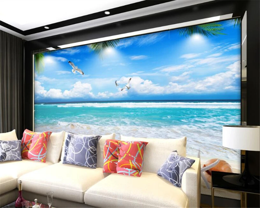 Обои для гостиной спальни фрески голубое небо белые облака пляж море 3D фон