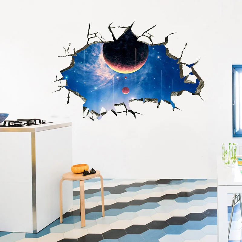 3D Broken Universe Planet Space Night Wall Stickers For Home Decoration Hole Mural Art Diy Kids Room Living Decals | Дом и сад