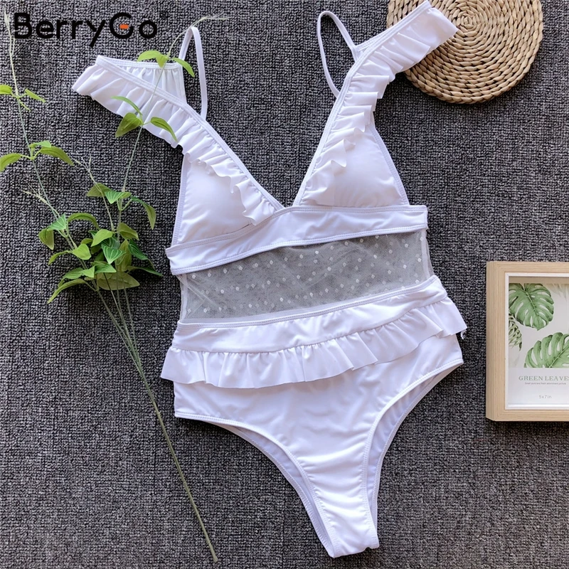BerryGo, сетчатый белый сдельный купальник, женский, глубокий v-образный вырез, прозрачное бикини, купальник, сексуальный, с оборками, купальный костюм, женские купальники
