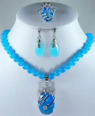 Голубой топаз кристалл кулон ожерелье серьги кольцо набор&gt ^ 1&gt 18K позолоченные