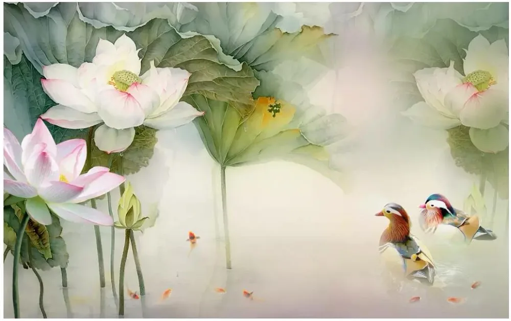 3d photo wallpaper custom mural Pond lotus leaf mandarin duck background wall home decor murals for walls 3 d | Обустройство дома