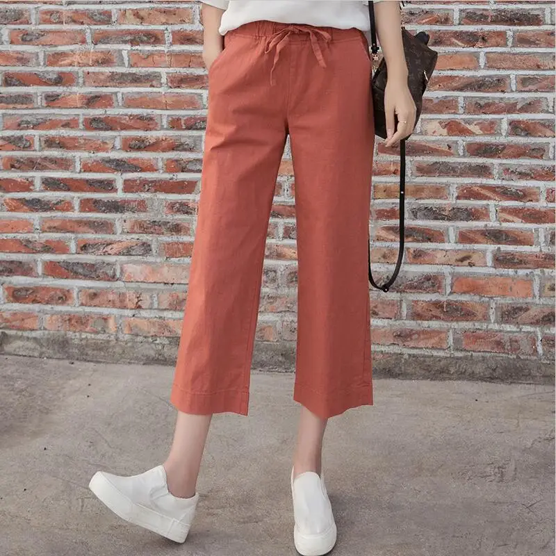 Брюки с широкими штанинами из хлопка и льна Свободные повседневные однотонные