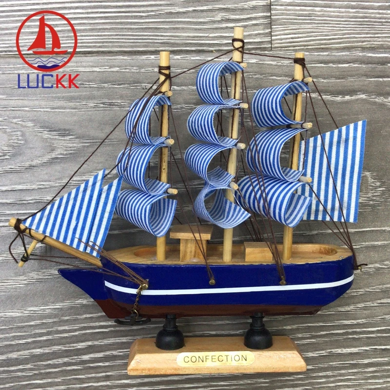 

LUCKK 16CM Mediterranean Wooden Model Ships Sea Blue Home Interior Decoration Wood Crafts Room Creative Sailboat Souvenirs Model