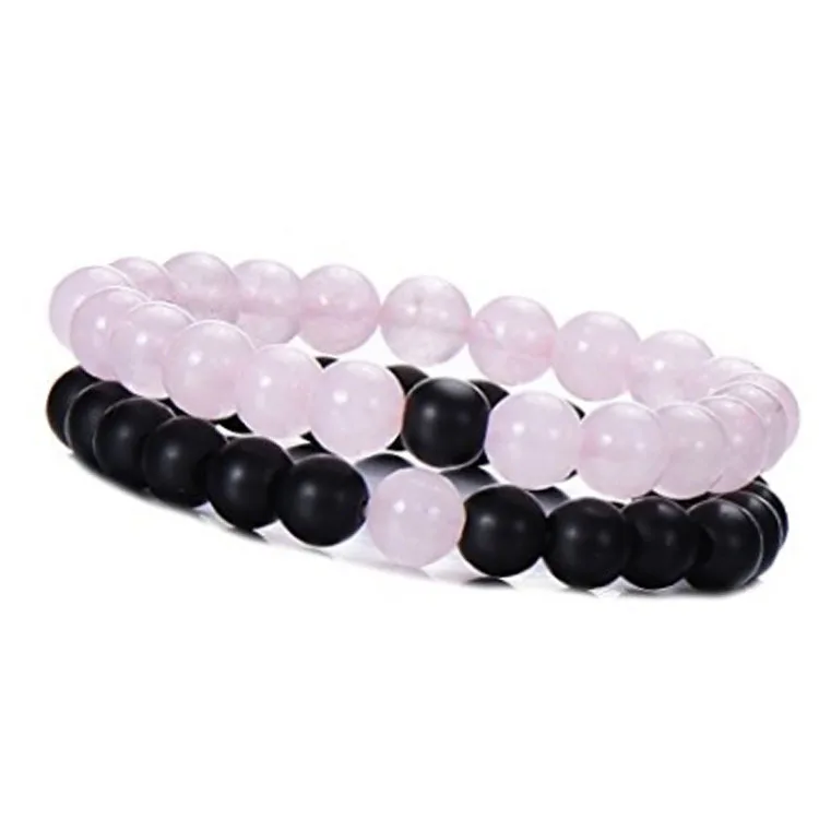 pink black set Bileklik пара дистанционный браслет классический натуральный камень белый и черный Инь Ян лучший друг из бисера браслеты для мужчин и женщин - Окраска металла: pink black set