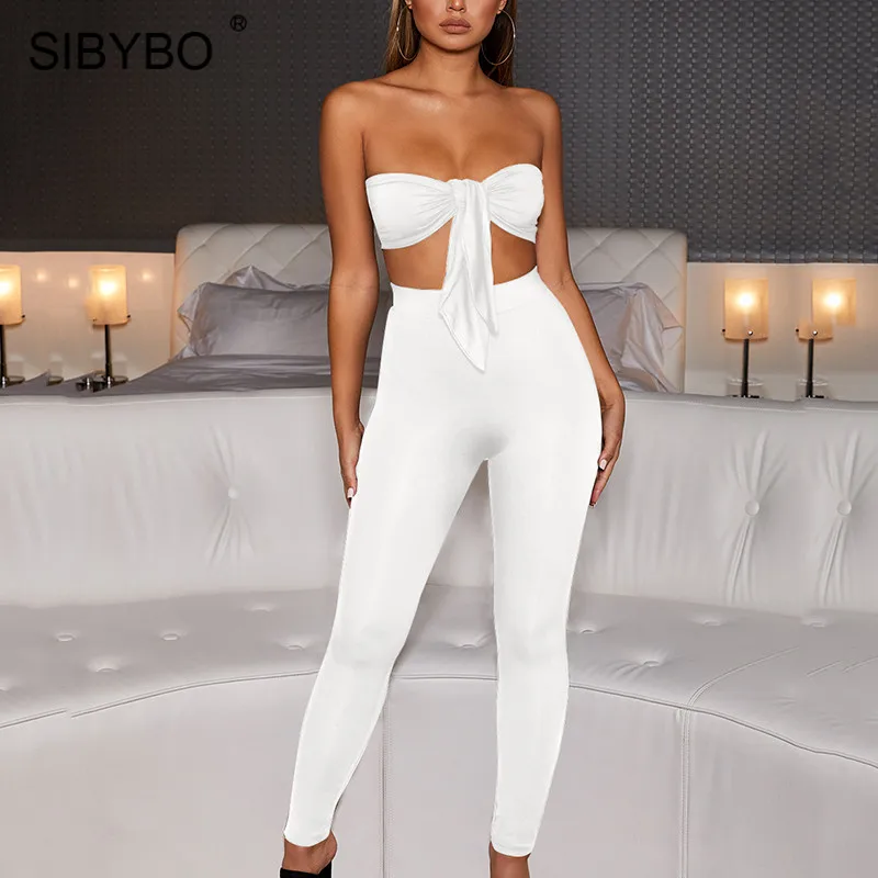 Sibybo с открытыми плечами завязанный сексуальный укороченный топ и штаны комплект без бретелек с высокой талией летний комплект из двух предметов Женский комплект с открытой спиной