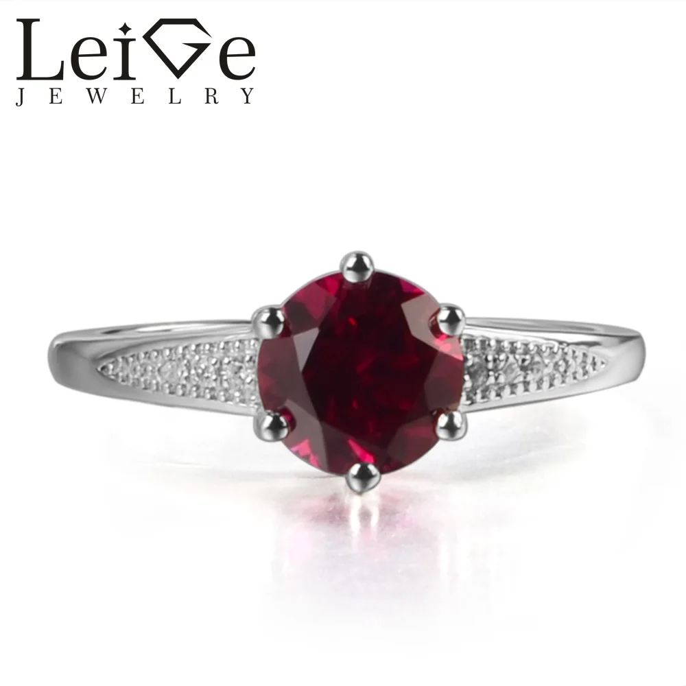 

Leige Jewelry Lab Red Ruby July Birthstone Round Cut Prong Setting Engagement Carve Rings Romantic Gifts For Woman 925 Silver