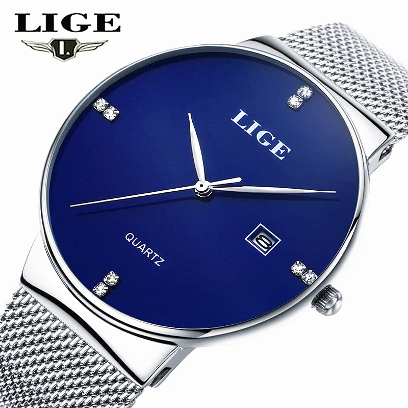 Часы наручные LIGE Мужские кварцевые ультратонкие брендовые простые со стальным