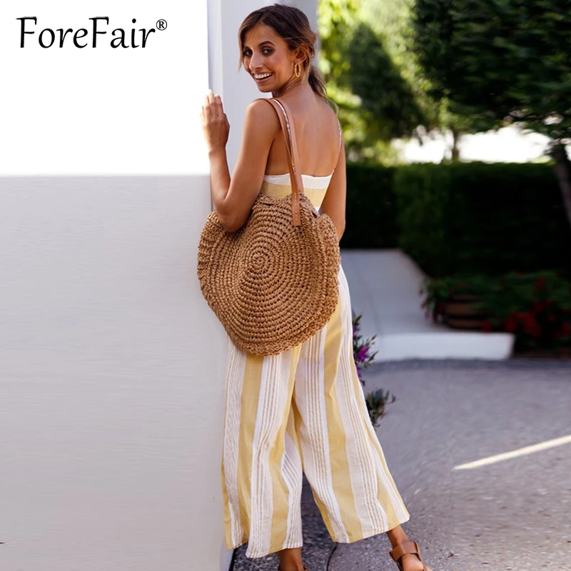 Женский комбинезон с открытой спиной Forefair Желтый Свободный в полоску и широкими