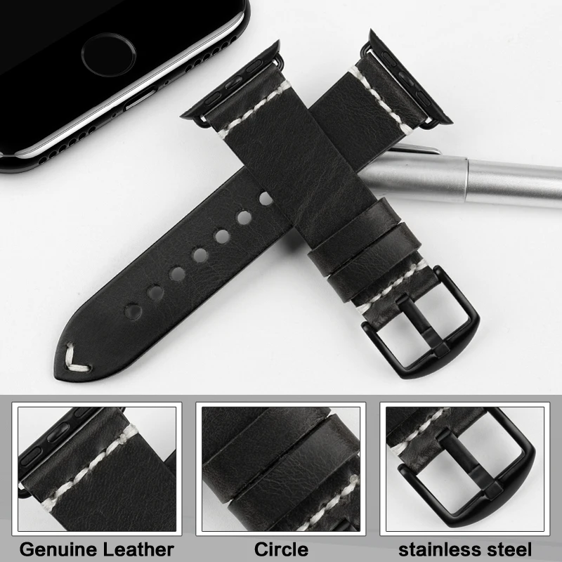 Ремешок MAIKES из натуральной кожи для Apple Watch Band 44 мм 40 42 38 Series 6 5 4 3 2 черный браслет