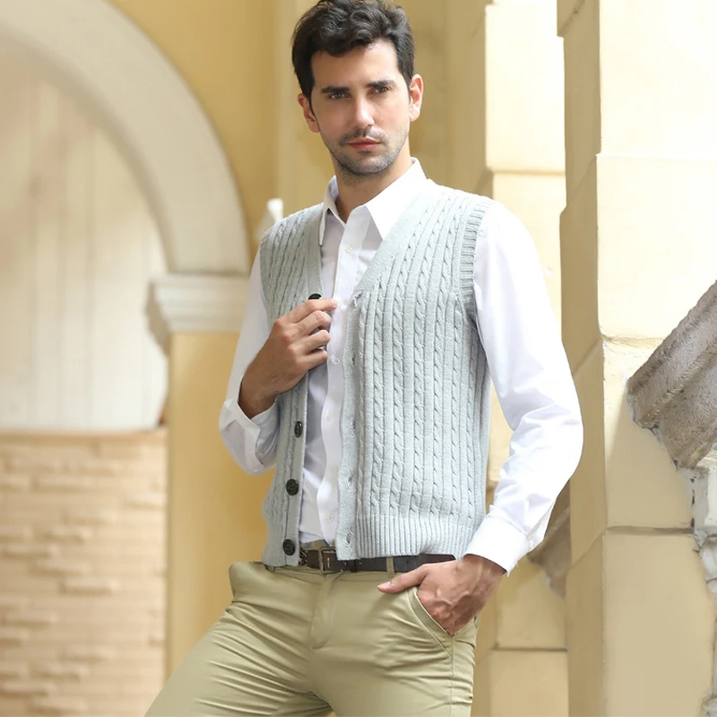Мужской трикотажный однобортный жилет свитер из 100% хлопка без рукавов с v