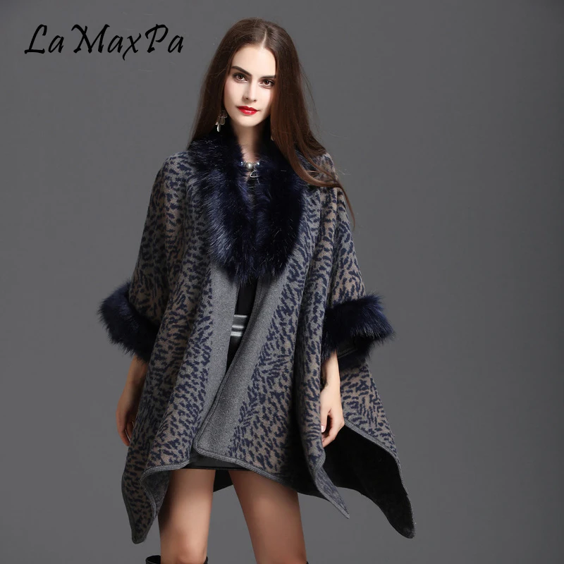 

LaMaxPa New Autumn Winter Large Loose Imitation Fox Fur Shawl Printed Coat Cloak Femme Elegant Wrap Cape Mujer Falso Pelaje Chal
