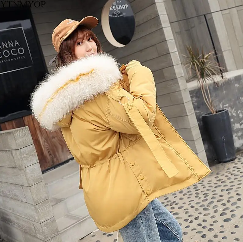 Цвет: желтый YTNMYOP Large Fur Collar Winter Coat Women Hooded Parkas Short Cotton Padded Jacket Coat Thickening Warm Wadded Jacket Female - Цвет: Цвет: желтый