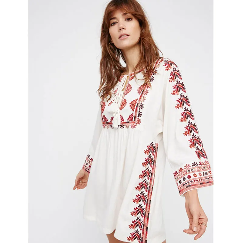 2017 New Bohemian Vintage Folklore Embroidered Vestidos Loose Tassels Three Quarter Boho Cotton Maxi Hippie Dress Gypsy Women | Женская
