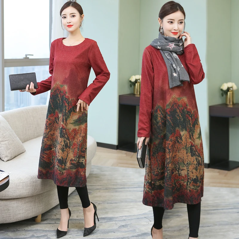 Fashion 2019 New Autumn Women Dresses Casual Loose Cotton Dress Winter Thick Long Sleeve O-Neck Print Floral Vintage | Женская одежда
