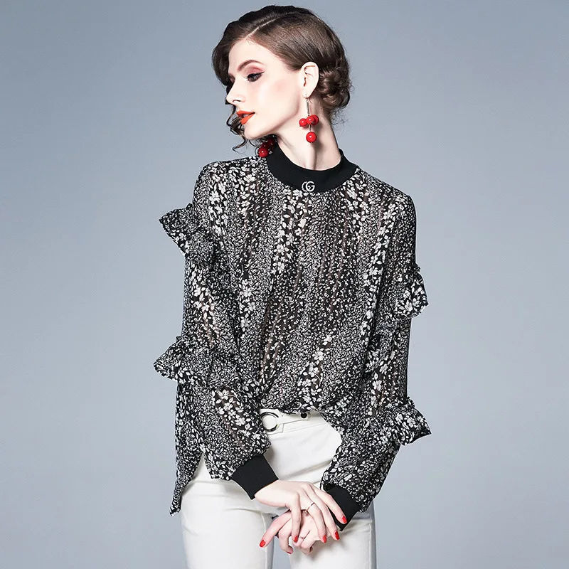 S-XXL spring summer woman blouse shirt beading collar brooch white flower pattern print black loose plus size |