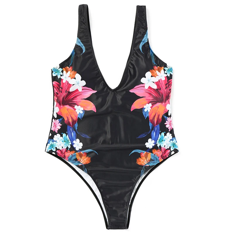 Sexy Deep Plunge V Neck Black Floral Bathing Suit Monokini High Cut Thong Big Large Plus Size Swimwear Women One Piece Swimsuit | Спорт и