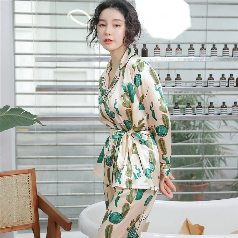 

9 pattern cactus flower simple satin pyjamas women pant long sleeves ladies pajama sets print sleepwear women homewear silky 972