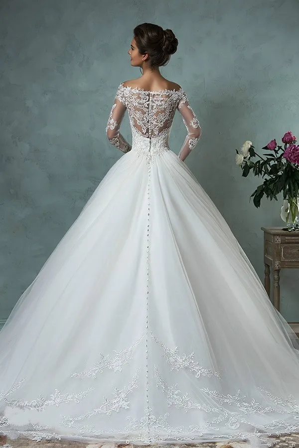 Pure White &amp Ivory Tulle Lace Wedding Dress V-neck Bride Long Sleeve Off The Shoulder Ball Gown Free Shipping Robe De Mariee | Свадьбы и