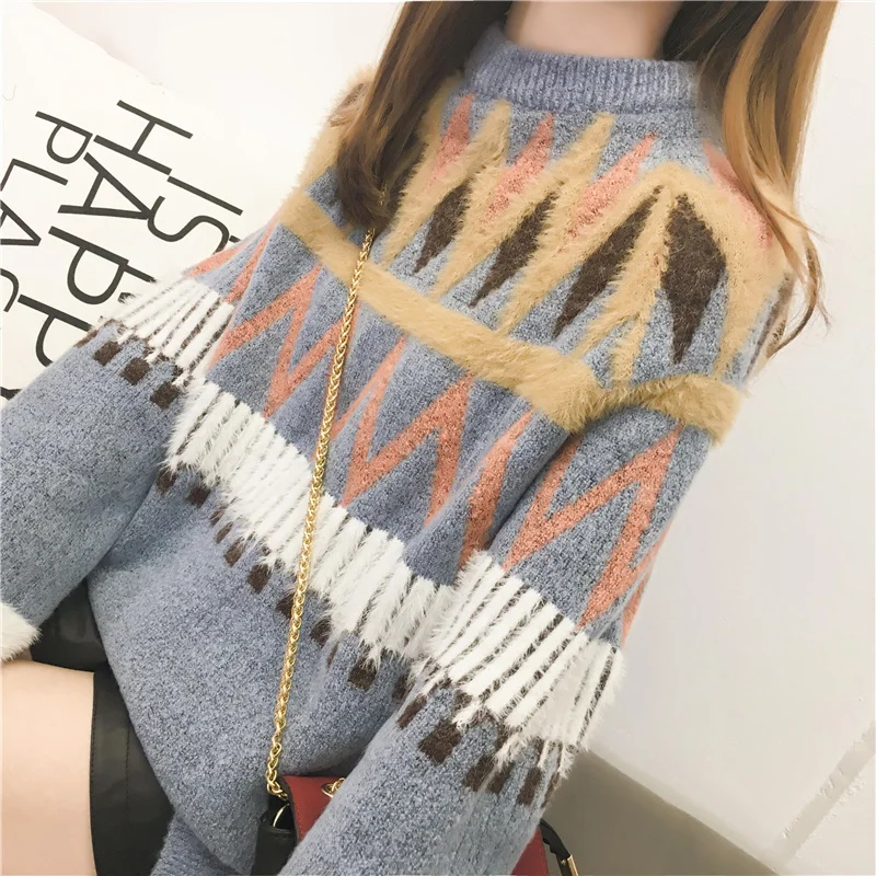 Женский Свободный Повседневный пуловер из мохера с длинными рукавами круглым