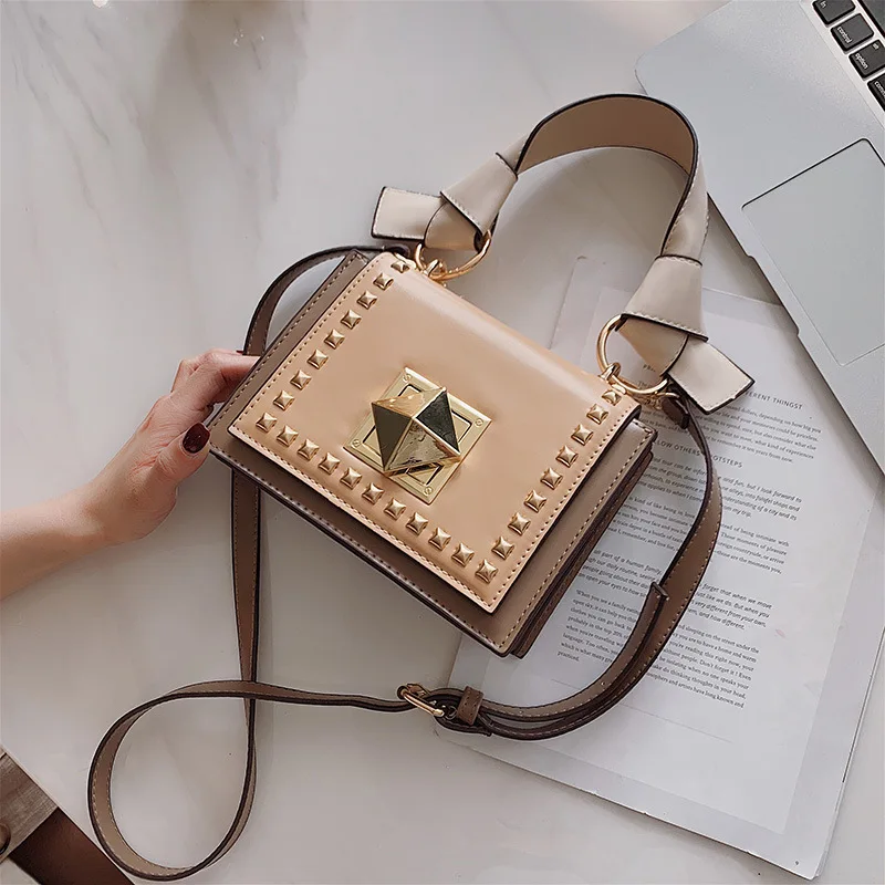 2019 New High Quality Rivet Small Square Bag Korean Version Pu Leather Contrast Color Slung Shoulder Crossbody | Багаж и сумки