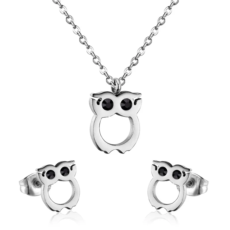 silver black LUXUSTEEL элегантные ювелирные изделия наборы белый/черный кубический цирконий сова кулон ожерелье серьги женский Bijoux праздничная одежда оптом подарок - Окраска металла: silver black