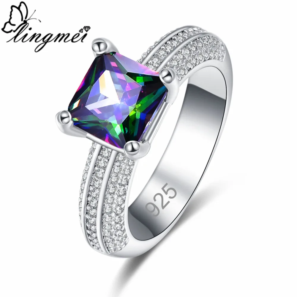

lingmei New Arrival Princess Cut Multi & Royal Blue White CZ Silver ColorRing Size 6-9 Fashion Women Wedding Jewelry