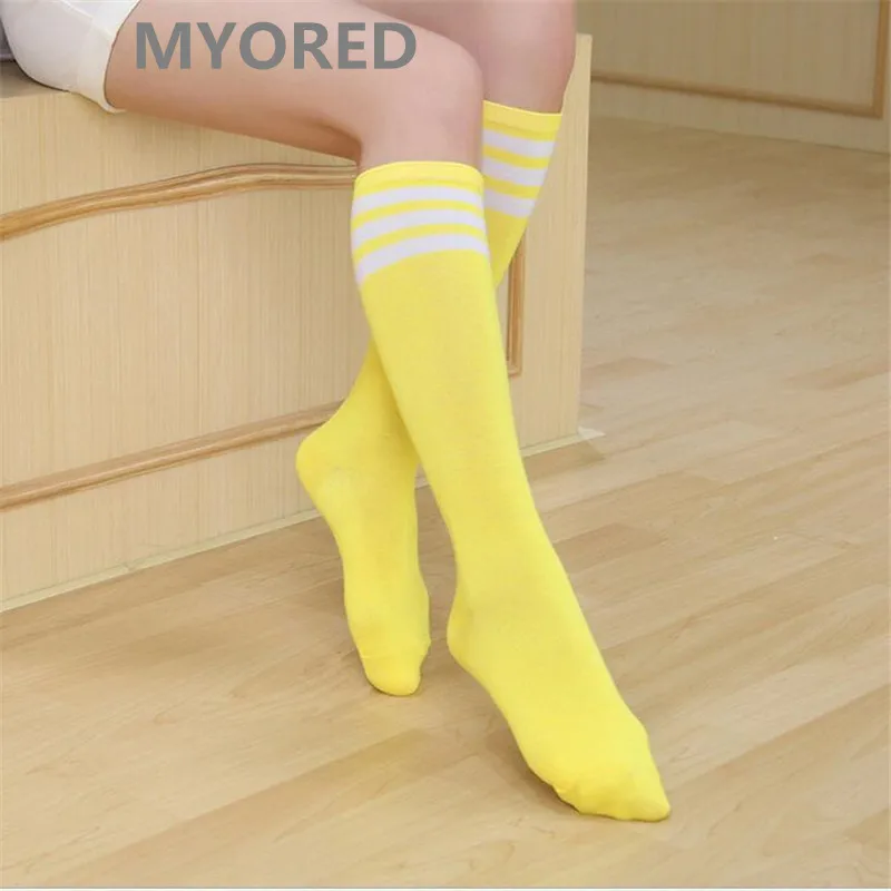 MYORED, яркие цвета, в полоску, хлопок, сексуальные женские длинные носки, стильные, вечерние, уличные, для танцев, гольфы