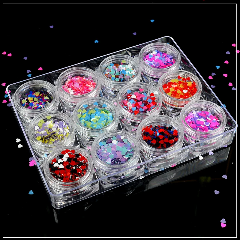 

12 Bottles Mixed Colorful Nail Glitter Paillette 3mm Heart Sequins Tips Decor Manicure Nail Art Decorations Accessories