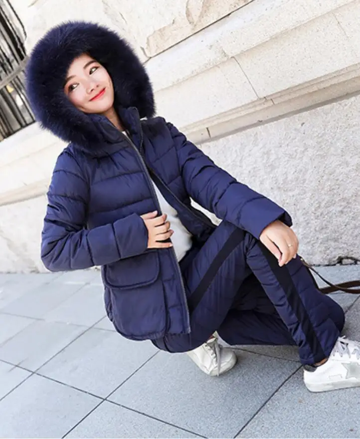 

2018 Winter Faux Fur Collar Hooded Jacket Coat+Pants Suits Female Causal Warm Thick Down Cotton 2 Piece Sets q265