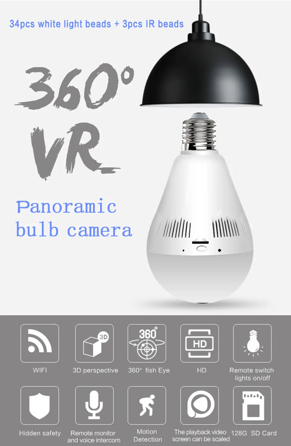 360 градусов панорамная рыбий глаз wifi IP камера лампа Домашняя безопасность HD 1.3MP беспроводная камера наблюдения Двусторонняя аудио ночная версия