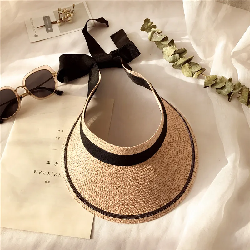 

USPOP women summer sun hats Fashion wide brim straw hat visor caps without top adjustable ribbon bow-knot beach hat