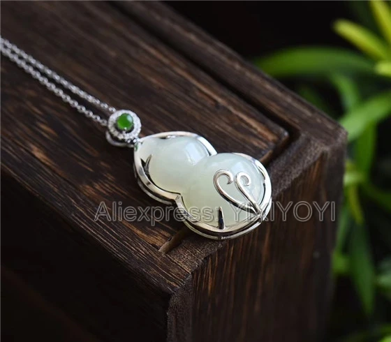 

925 Sterling Silver White HeTian Jade Carved Cute Cucurbit Dangle Lucky Pendant + Chain Necklace Charm Fine Jewelry Charm Gift