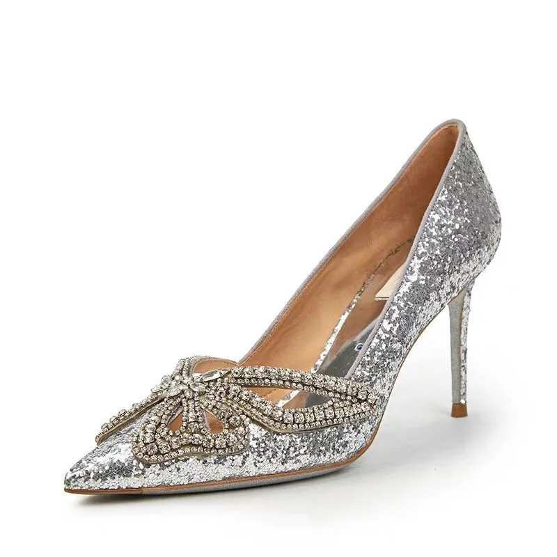 Свадебная обувь женские туфли-лодочки с блестящими серебристыми кристаллами