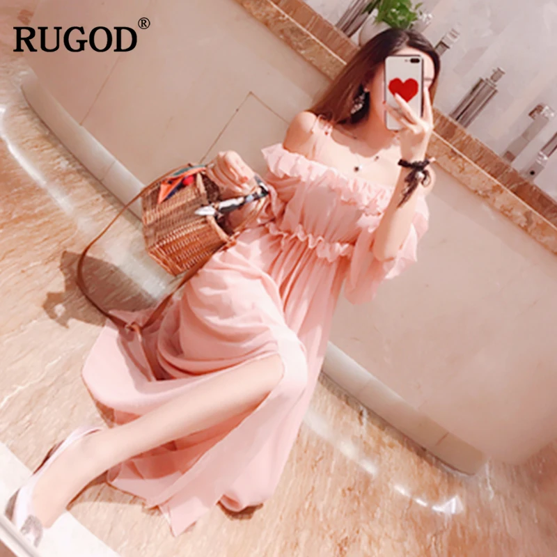 RUGOD 2018 Новое элегантное розовое пляжное платье с рюшами женское Модное шифоновое