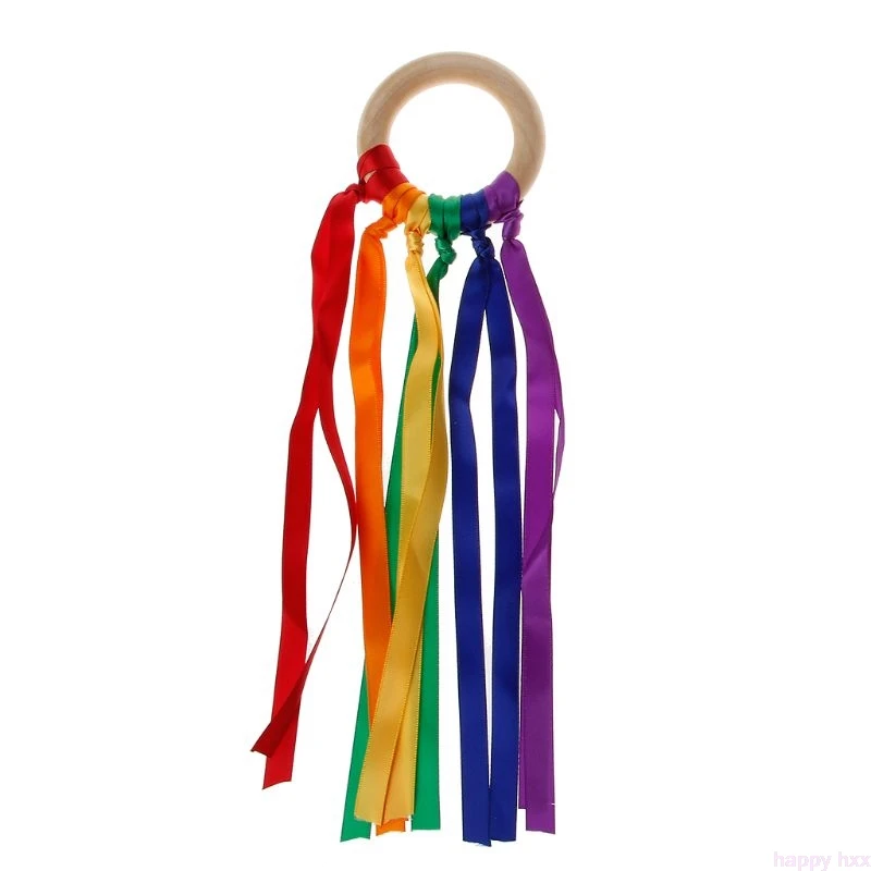 

Rainbow Natural Wooden Ribbon Ring Baby Teether Newborn Sensory Toy Shower Gift
