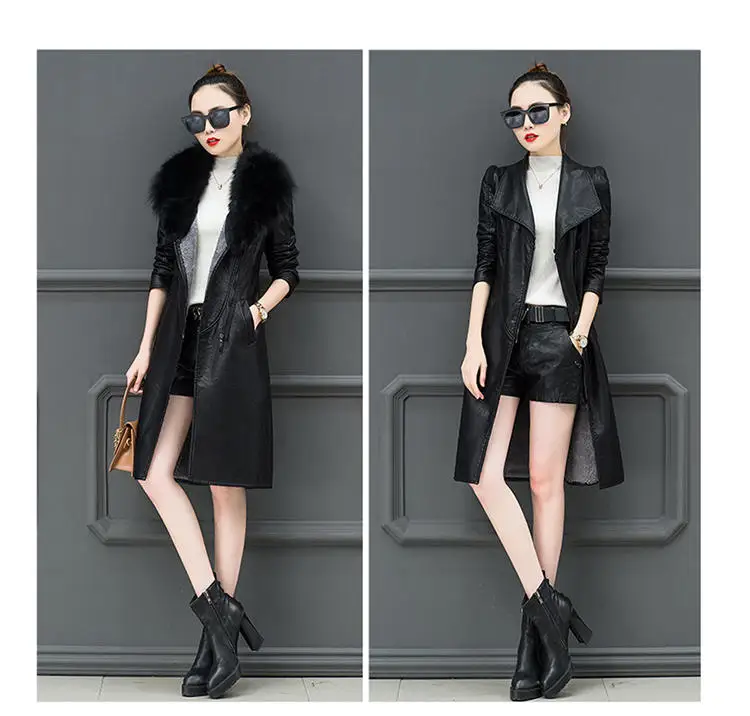 Winter pu leather women 2019 New slim long Faux leather coat large fur collar windbreaker coat Thicken popular Womens coats