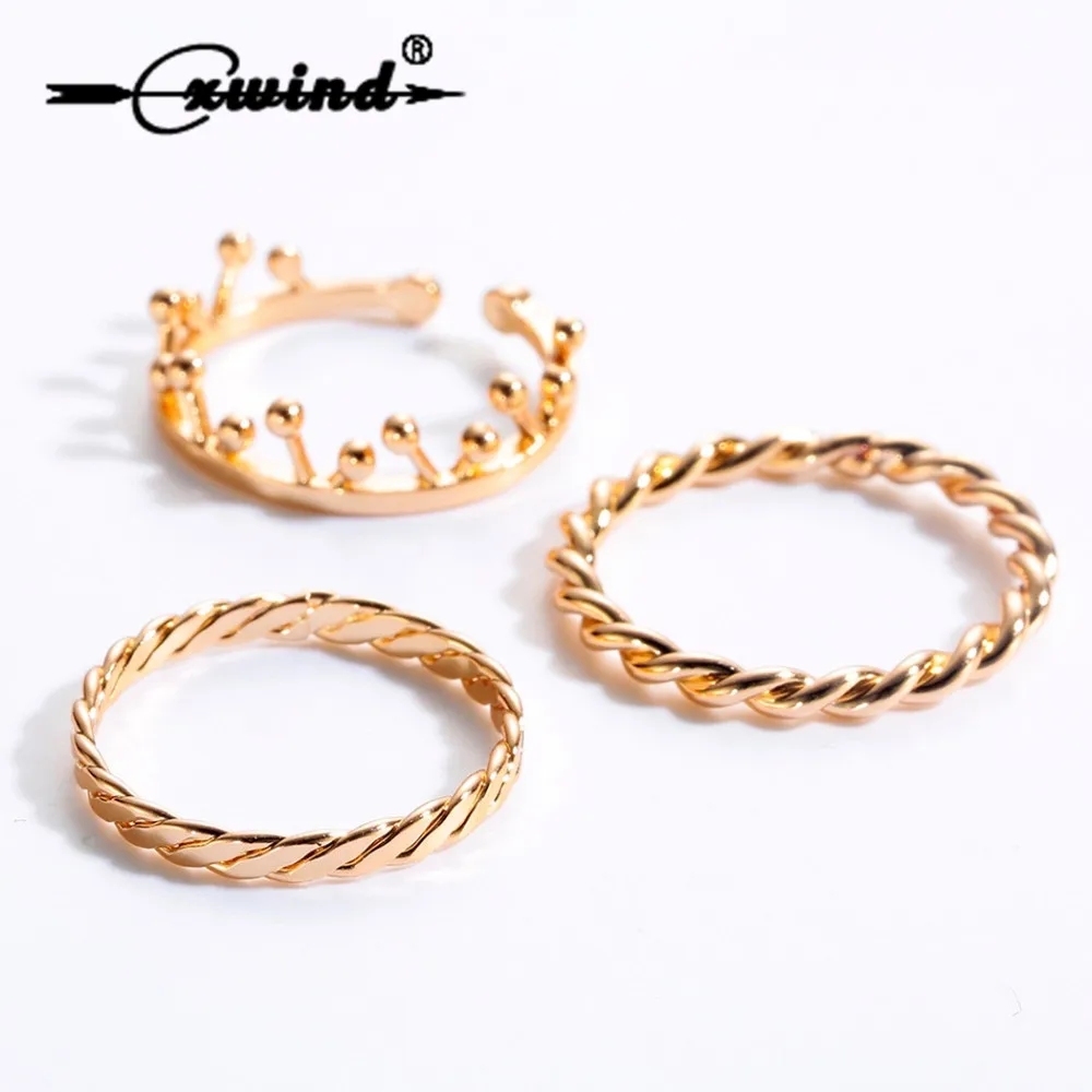 

3Pce/Set Fashion Cross Twist Thin Band Gold Color Stacking Ring Set Minimalist Bead Rings Bohemian Knuckle Finger Around Jewelry