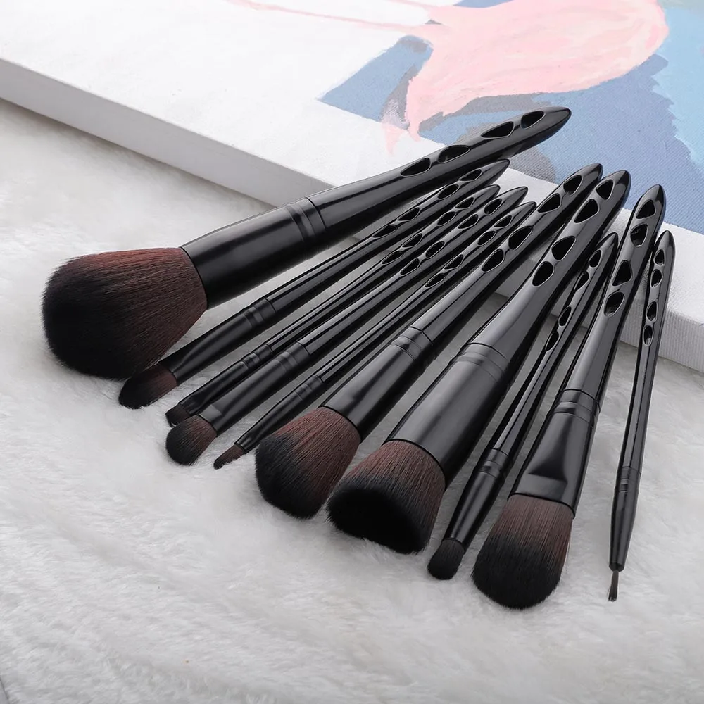 10pcs black FLD 10 шт. профессиональная пудра для лица, подводка для губ, подводка для глаз, набор кистей для подводки глаз, Тональная основа, тени для бровей, набор кисточек для макияжа - Handle Color: 10pcs black