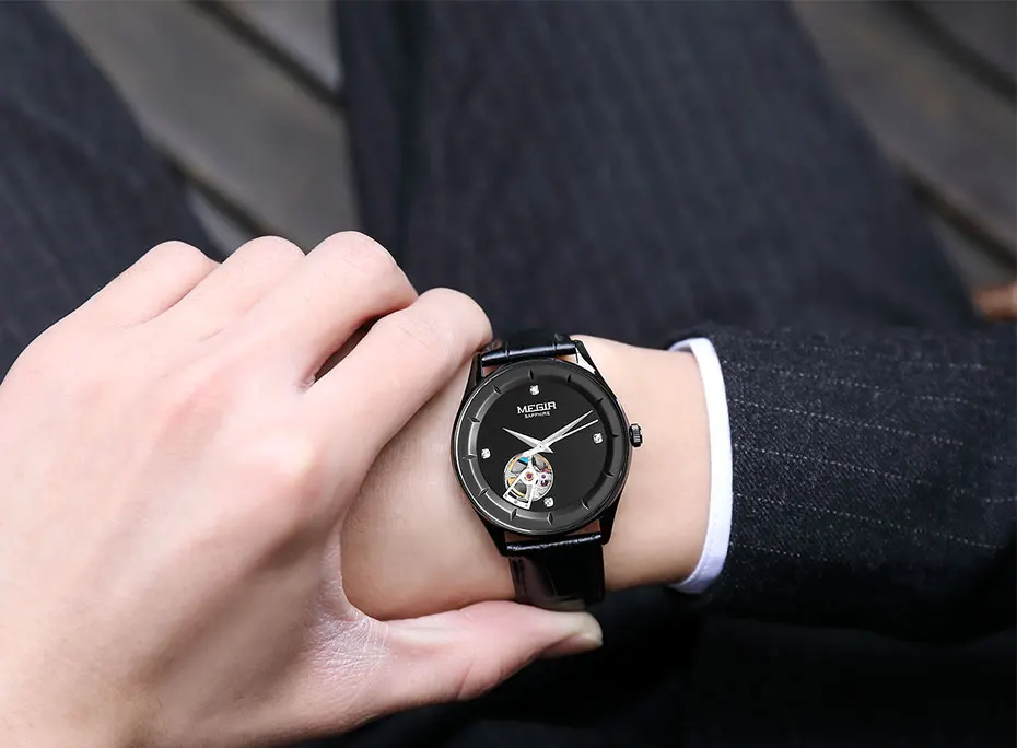 MEGIR Мужские часы механические Tourbillon Роскошные модные брендовые кожаные мужские спортивные часы мужские автоматические часы Relogio Masculino