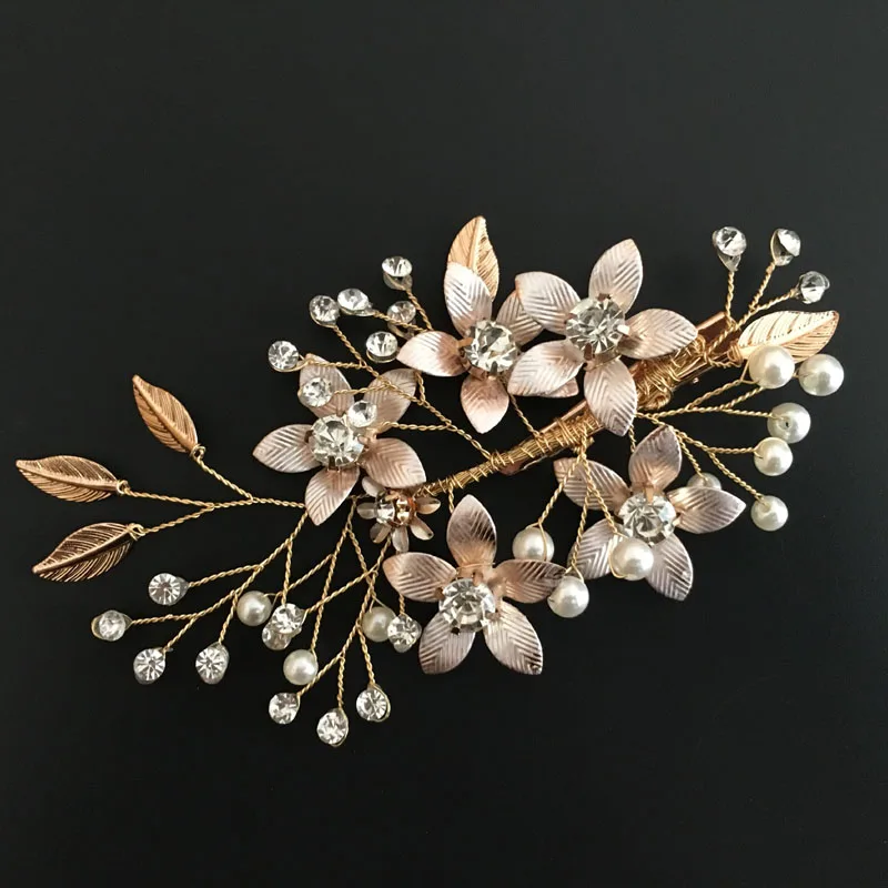 

SLBRIDAL Handmade Wired Golden Crystal Rhinestone Pearls Flower Wedding Hair Clip Barrettes Bridal Headpieces Hair Accessories