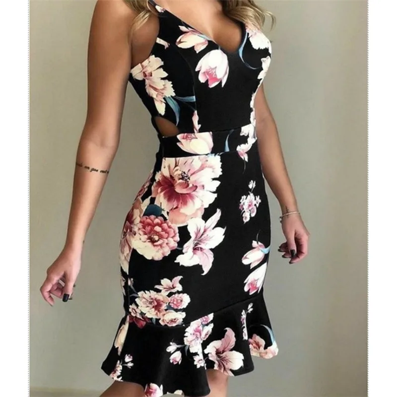 Женское сексуальное платье с цветочным рисунком женское ремешками на талии