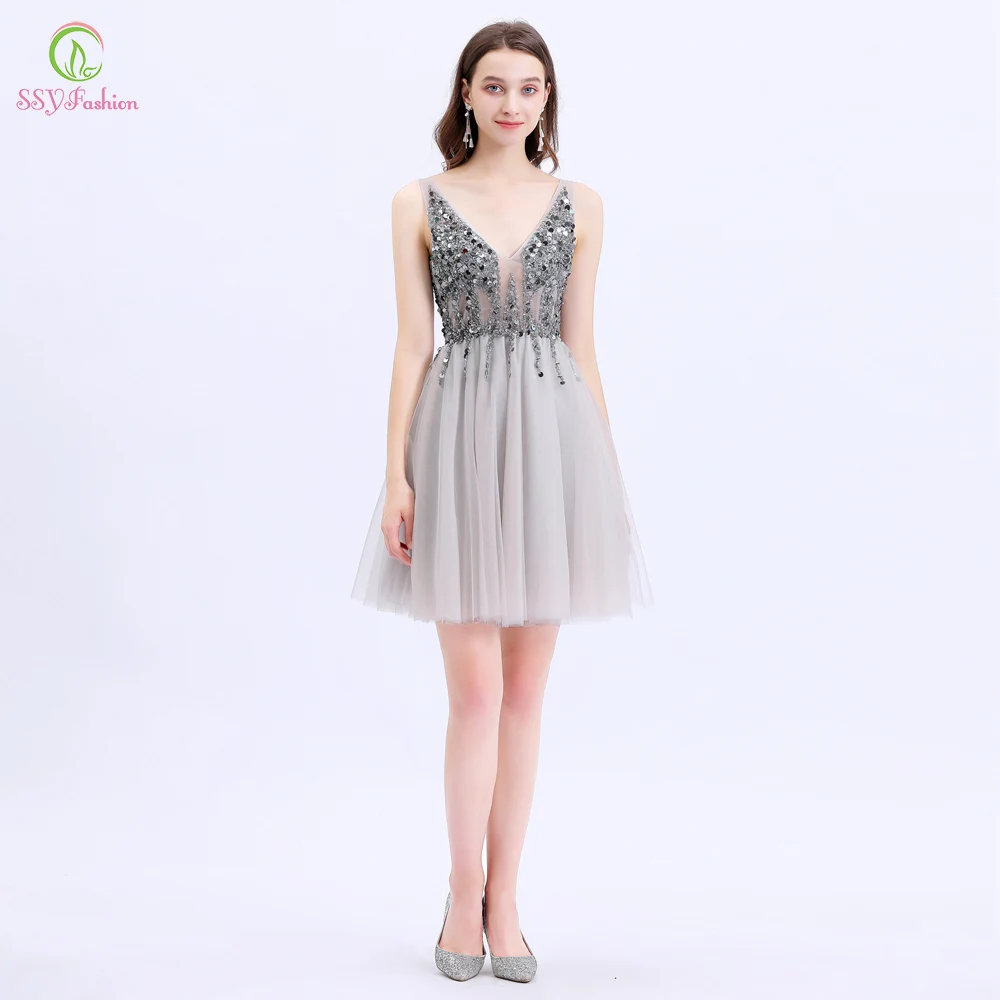 SSYFashion Новые короткие коктейльные платья женские роскошные с блестками и v-образным вырезом сексуальные мини Вечерние платья Vestido De Noche на заказ