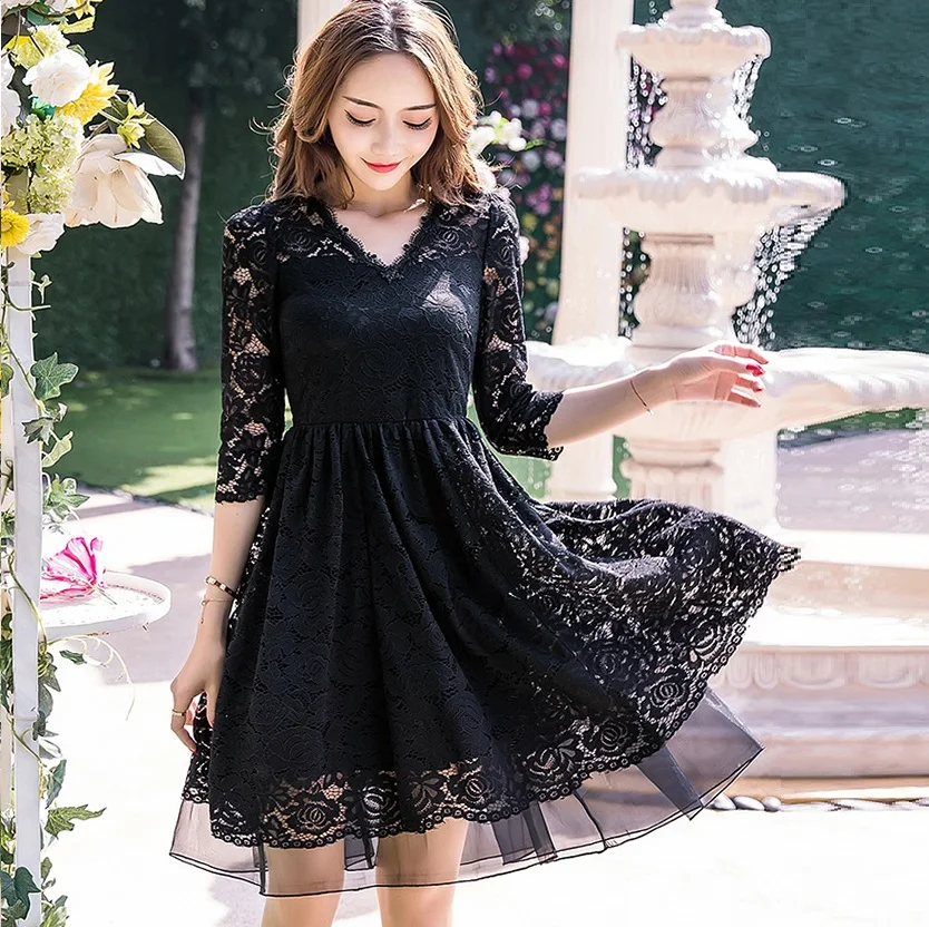 Женское элегантное кружевное платье из органзы с рукавом 3/4 и V-образным вырезом |