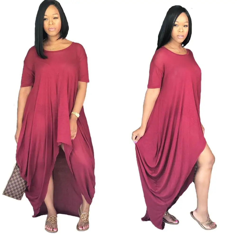 

Echoine Casual Loose O Neck Short Sleeve Irregular Summer Plus Size XL Dress Women Wine Grey High Low Dresses